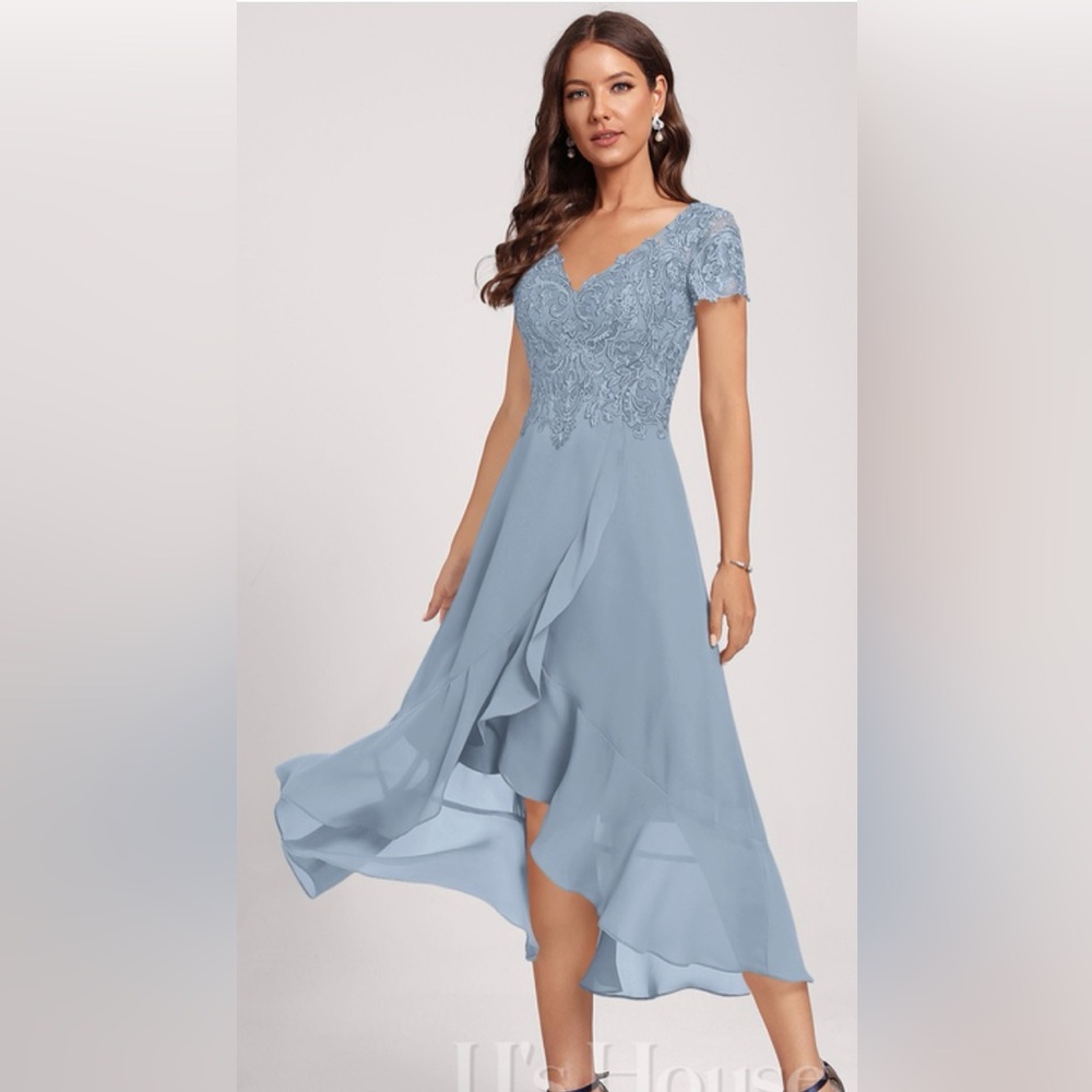 Elegant dust Blue A-line V-Neck Asymmetrical Lace Chiffon Sz 12
